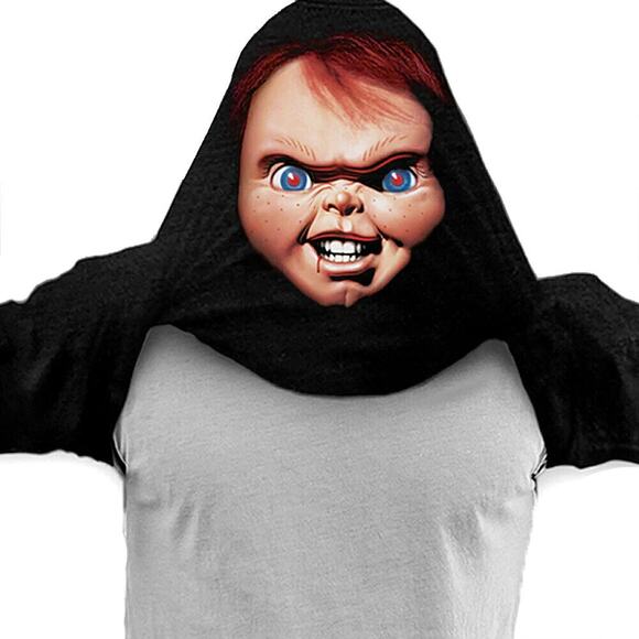 NEW Chucky Childs Play Wanna Play? Flip Over Head Mask T-Shirt Mens Size Small - Picture 1 of 3